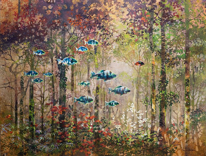 Eric Roux-Fontaine, « La mémoire des forêts », Pigments, résine, poudre de bronze et d’argent, 89 x 116 cm