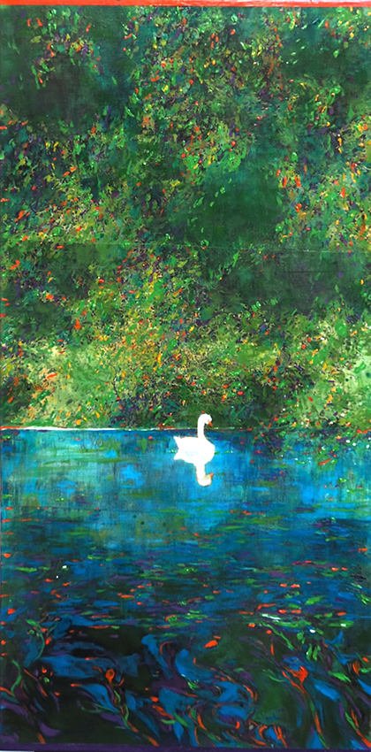 Ayline Olukman, « Fine swan », Techniques mixtes sur toile, 80 x 40 cm