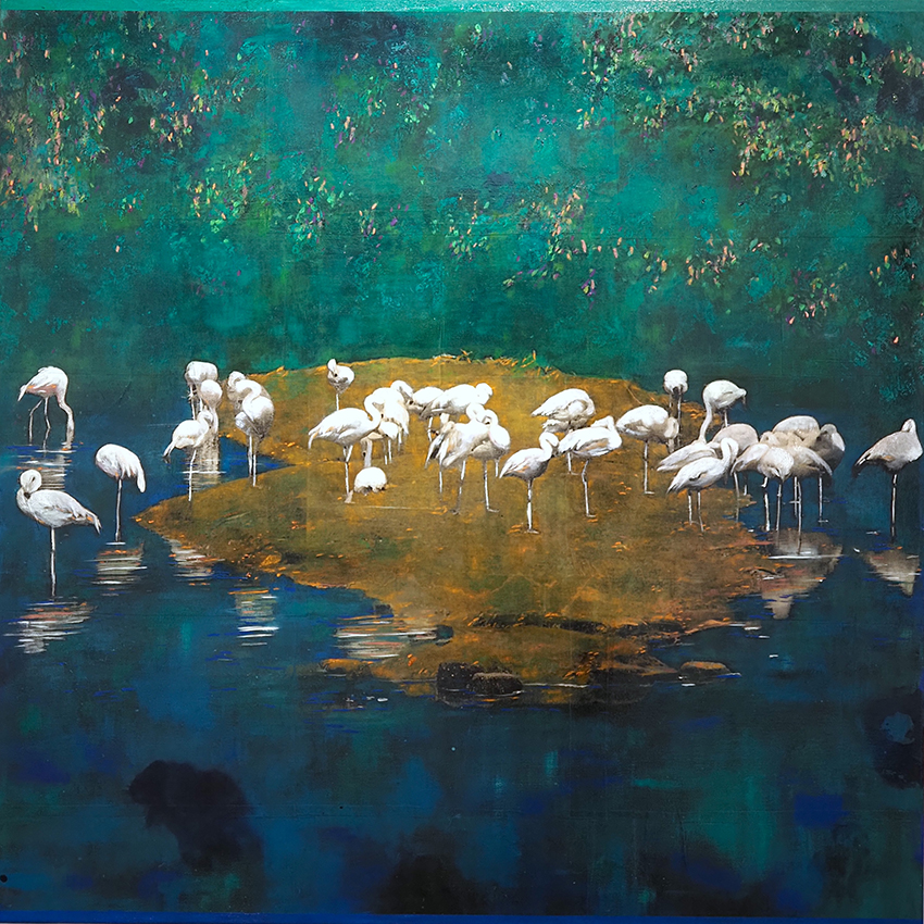 Ayline Olukman, « Flamingos », Techniques mixtes sur toile, 110 x 100 cm