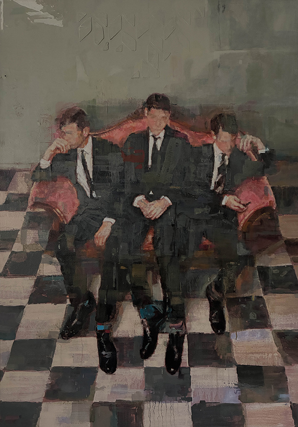 Edgar Manuel Marcos, « Situation – Hall, gondole 3 places », acrylique sur toile, 116 x 81 cm