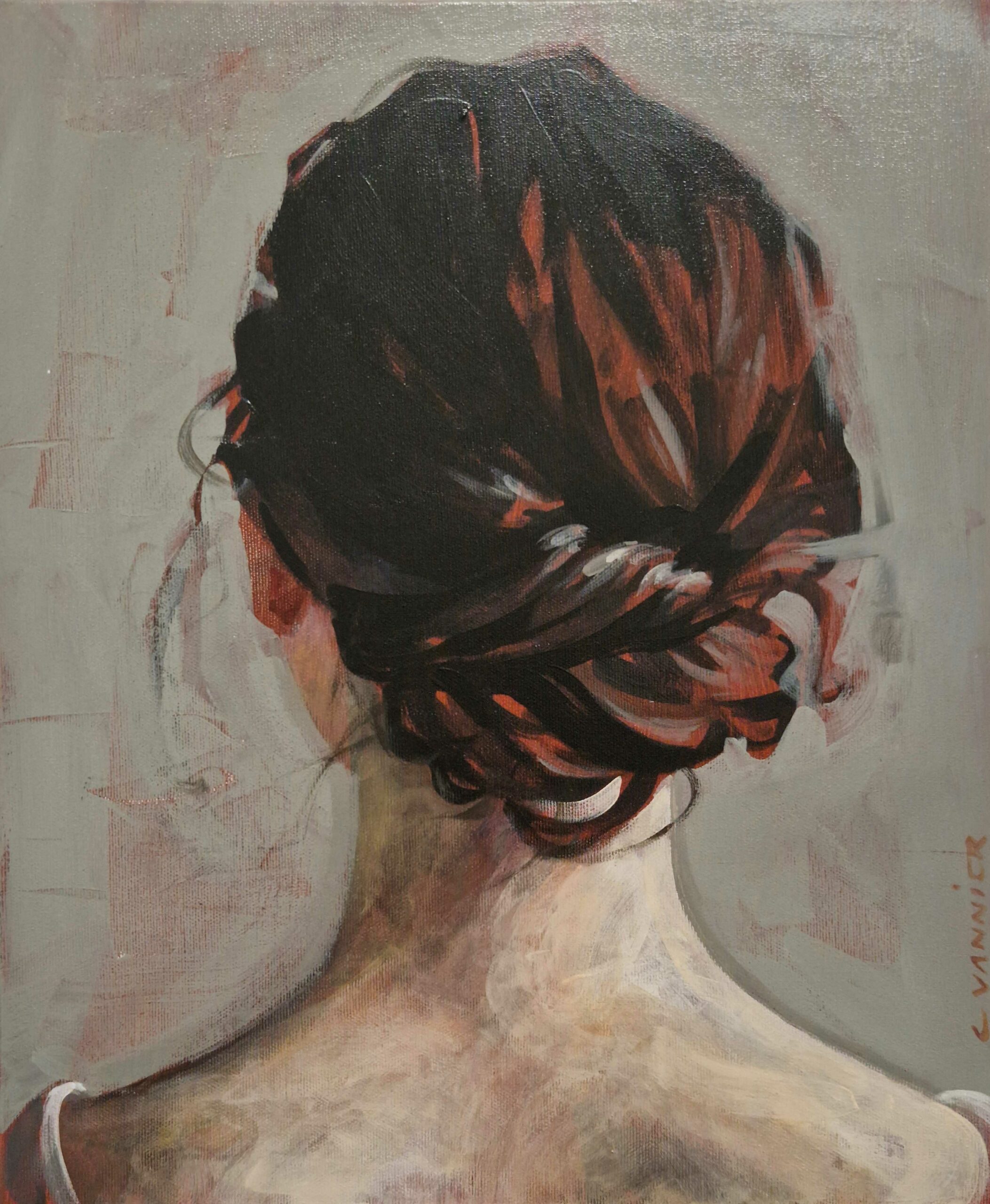 Cédrick Vannier, « Portrait au chignon », Acrylique sur toile, 46 x 36 cm