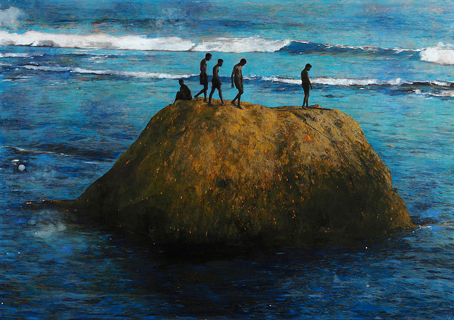 Ayline Olukman, « 5 boys on the rock », Techniques mixtes sur toile, 70 x 100 cm
