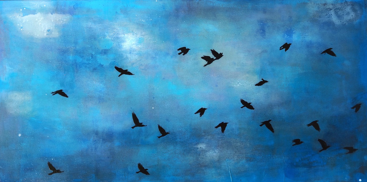 Ayline Olukman, « Fly, bird fly », Techniques mixtes sur toile, 40 x 80 cm