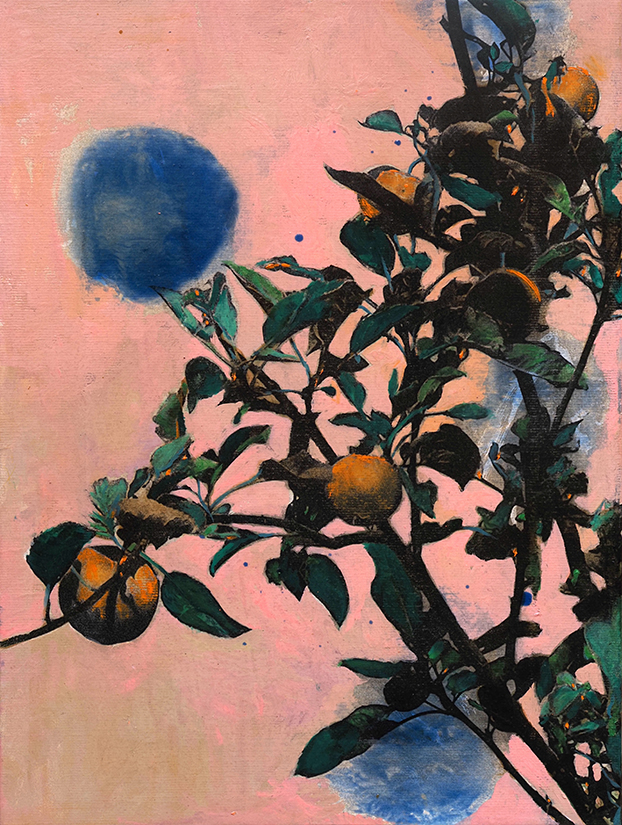 Ayline Olukman, « Pink apple tree », Techniques mixtes sur toile, 40 x 30 cm